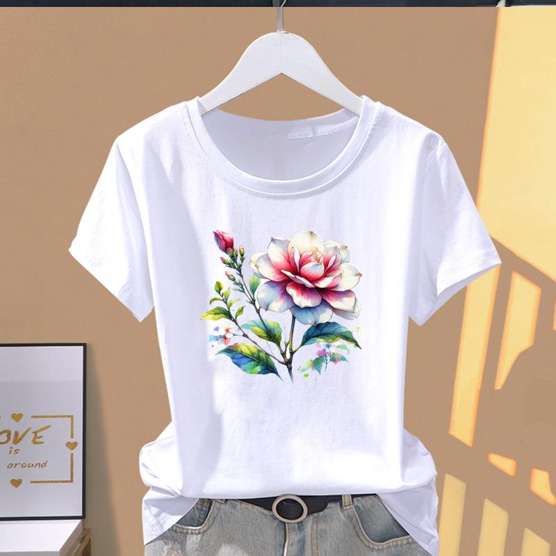 (Asian Size) Graphic Tee Casual T Clothing Sweet Flower Floral Trend Cute Print Female Casual Women's Top Fashion Short Sleeve T-shirt