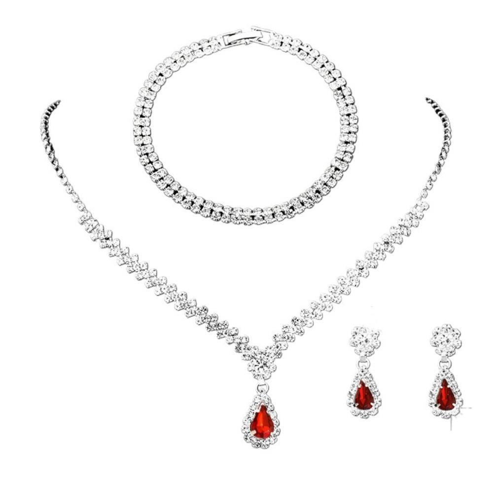 Zinc Zinc Alloy Necklace Earnail Set Round Droplet Wedding Rhinestone Set Luxury Bracelet Girls