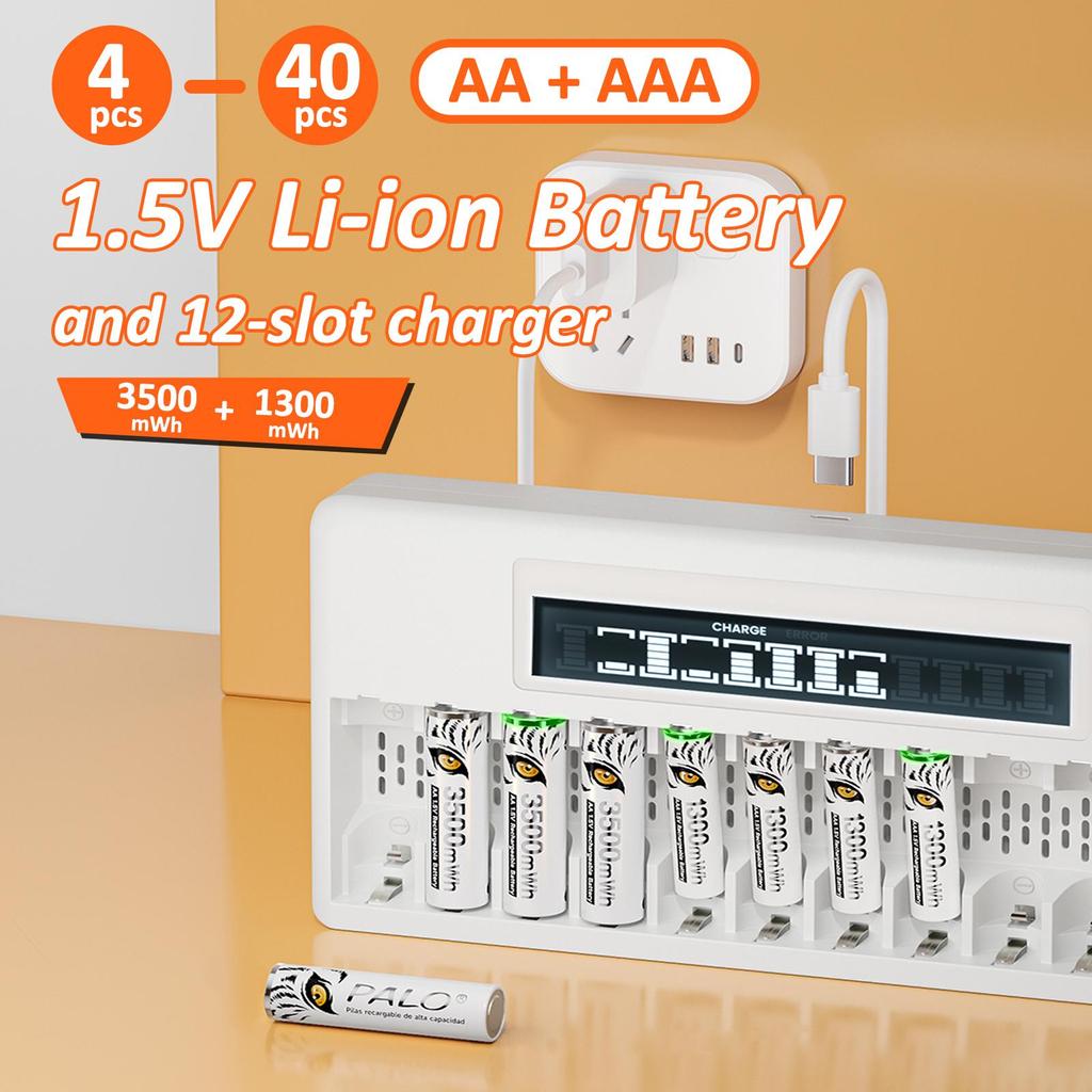 PALO 4-40 Pcs Rechargeable AA+AAA 1.5V Li-ion Batteries 3500+1300 mWh HR6 HR03 Battery with 12 Slots LCD USB 1.5V Li-ion Battery Charger