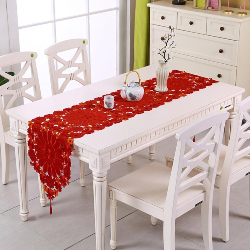 Rustic Cutwork Embroidered Floral Table Runners Red Luxury Poinsettia Table Runner Christmas Decorations Home Dining Table Cloth
