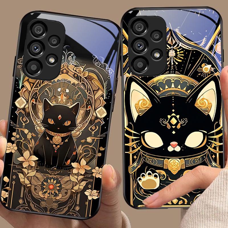 Черный Золотой Кот Для Samsung Galaxy S10 S20 Plus S21 FE S22 S23 S24 FE S25 Ultra Черный Чехол для телефона из закаленного стекла Твердая оболочка