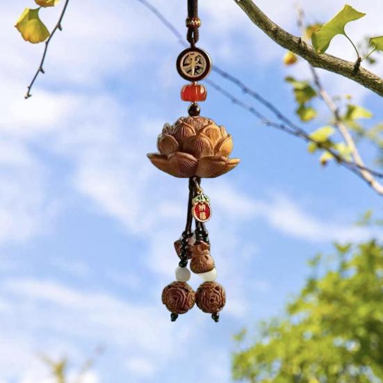 Wooden Pendant Car Ornament with Lanyard Easy To Hang Retro Engraved Lotus Car Pendant Rearview Mirror Decoration