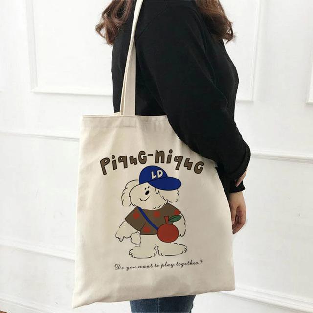 Kawaii мультяшная модная универсальная сумка для покупок с милым узором, холщовая сумка на плечо, милая женская сумка в стиле Харадзюку, белая, большая вместимость, пляжная B