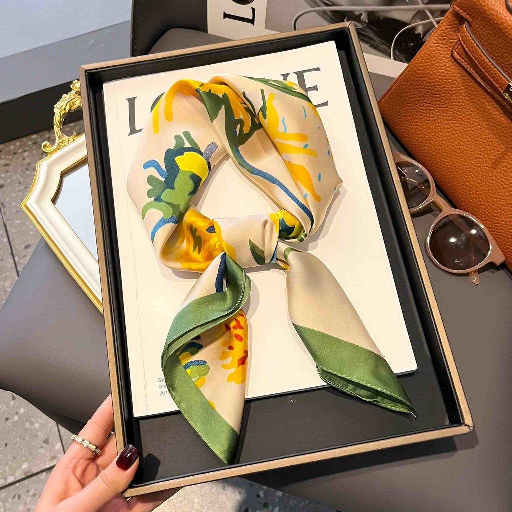 Luxury minimalist printed scarf, faux silk square 70cm, versatile spring and sun protection shawl, hair tie scarf