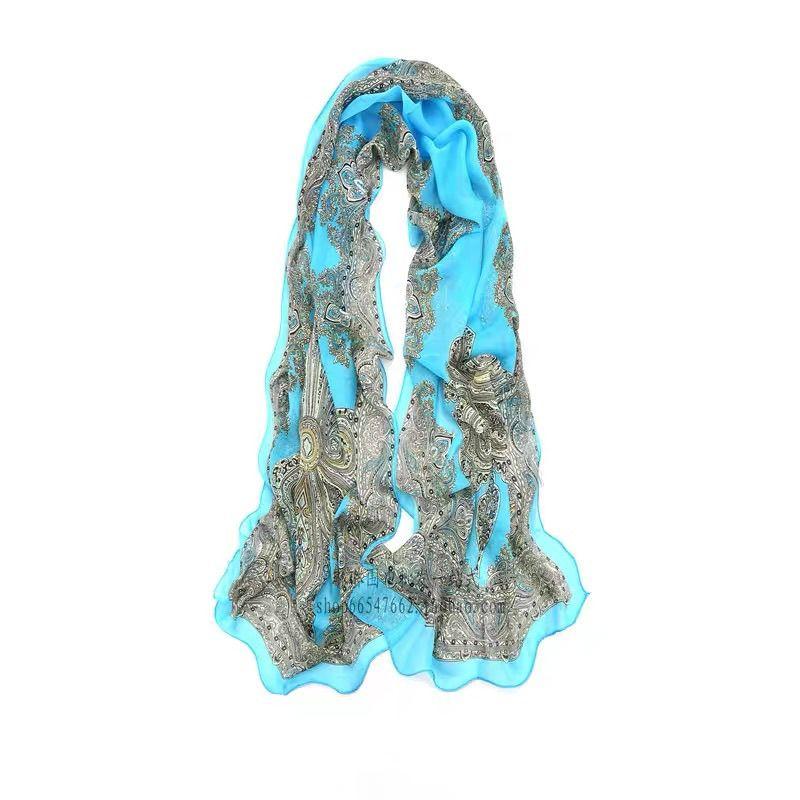 Винтажный длинный шелковый шарф с принтом, длинный шифоновый платок, песочный шарф для женщин, универсальный шарф для защиты шеи