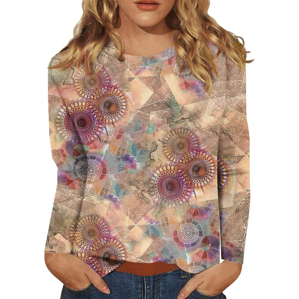 Женская модная повседневная футболка с круглым вырезом и длинным рукавом с принтом, топ