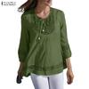 Women Casual Lace Splice Round Neck Loose 3/4 Sleeve Blouse