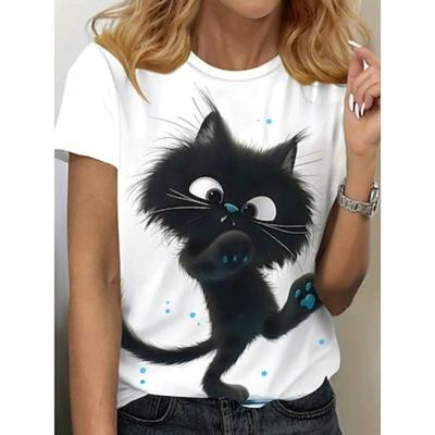 Женская футболка Cat Casual с коротким рукавом и круглым вырезом, обычные топы, повседневный принт, белый, синий, лето