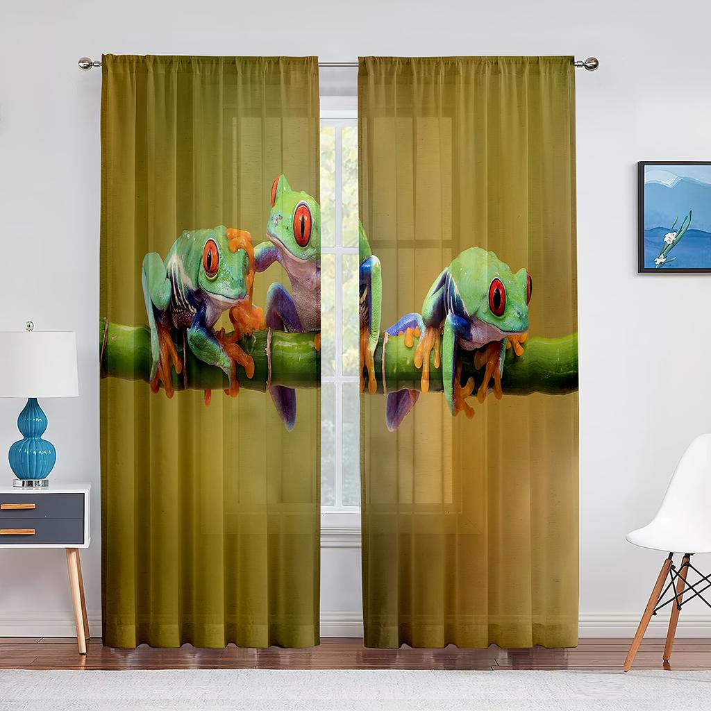 Тюлевая занавеска с зеленым животным, красными глазами, древесной лягушкой на листе, для гостиной, спальни, кухни, декор, вуаль, прозрачная занавеска, оконные шторы