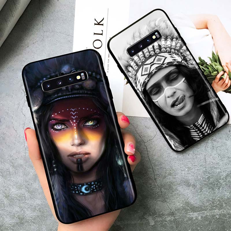 Indian Feathers Girl for Samsung Galaxy S21 Ultra Plus Note 20 10 9 8 S10 S9 S8 S7 S6 Edge Plus Black Phone Case