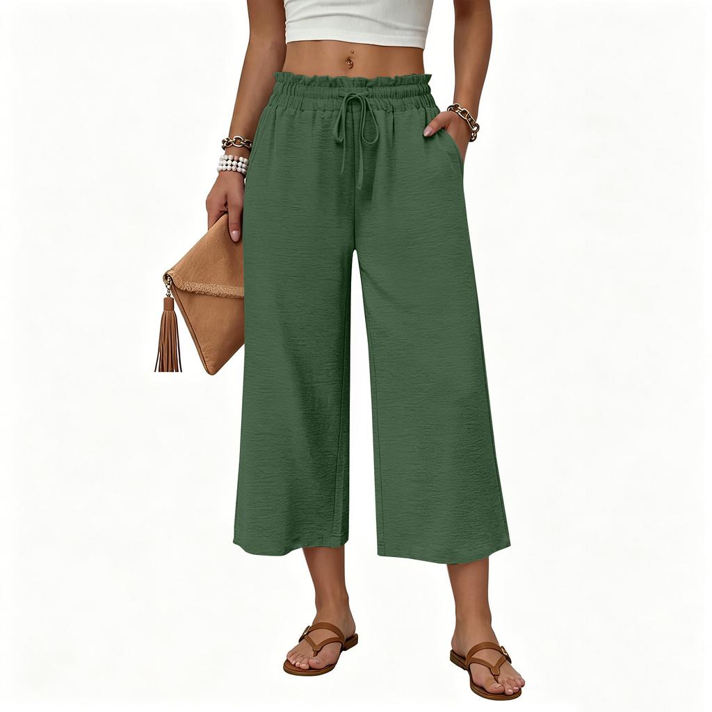 Women's Casual Loose-Fit High-Waisted Cotton-Linen Cropped Pants With Side Pockets