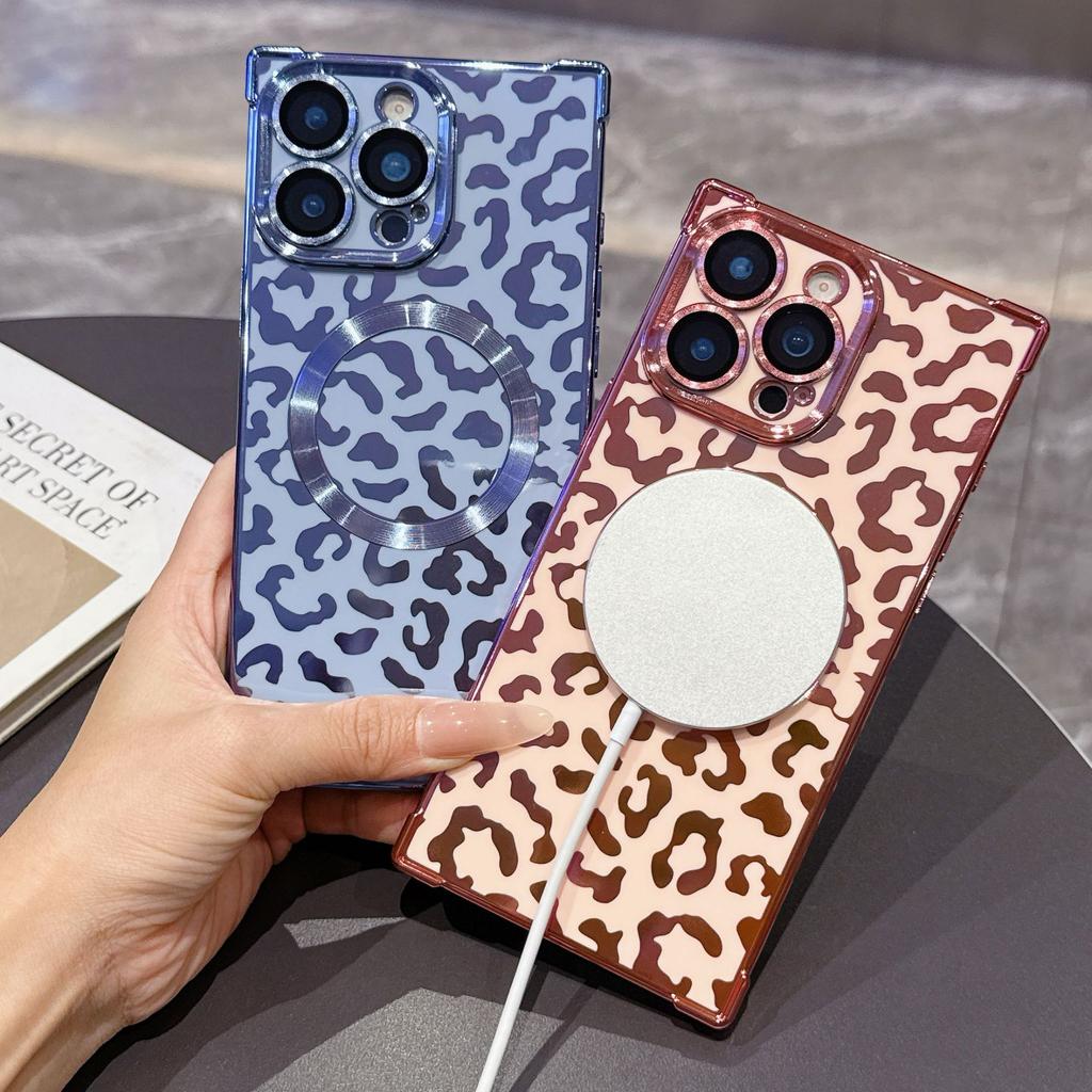 Прямой край четыре угла защита от падения iPhone16 гальваническое покрытие однотонный леопардовый принт магнитное притяжение подходит для мобильного телефона Apple 17promax