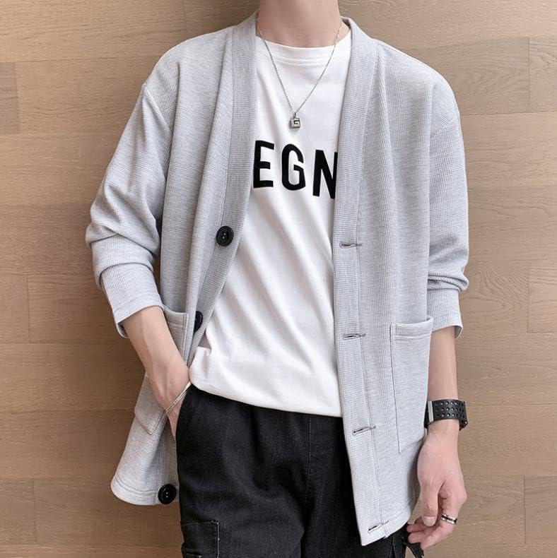 Emptio Simple Long Sleeve Korean Office Slim Half Washable Moe Waffle Light Gray Men's Cardigan, Washable, Warm, Knit, Oversized, Stylish, Wear, Fit,