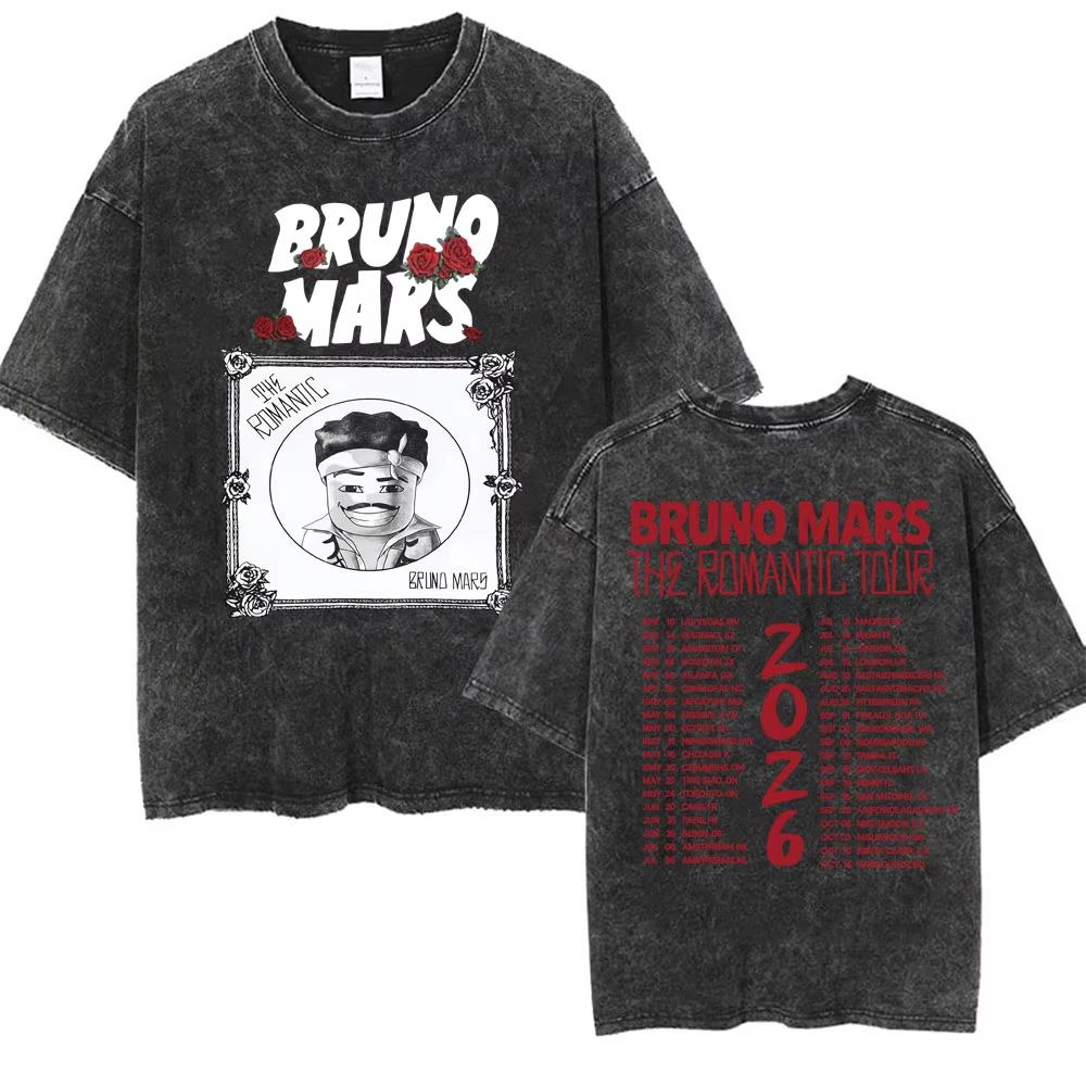 Bruno Mars The Romantic Tour 2026 Vintage Washed T Shirt Men Women Fashion Hip Hop Pop Music T-shirt Summer Casual Cotton Tshirt