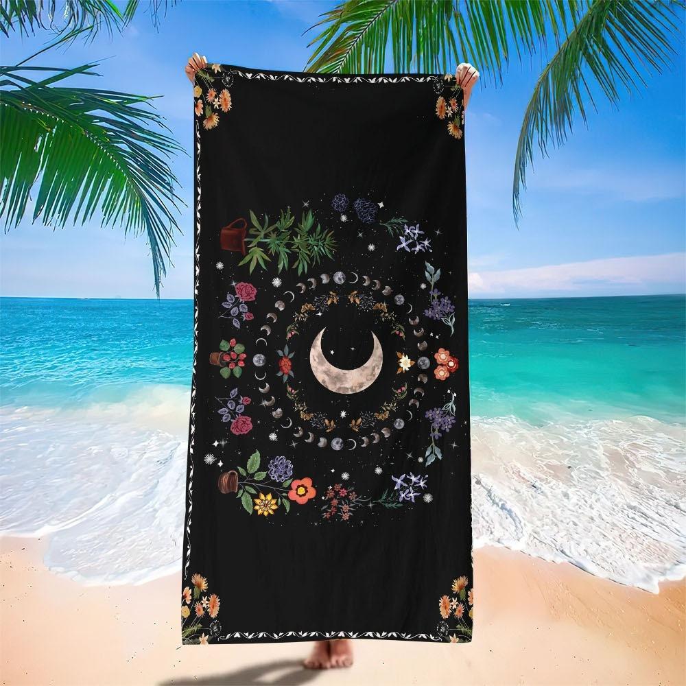 Enchanting Moon Floral Celestial Botanical Towel, Soft Quick Dry for Swimming Camping Bathing