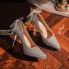 -B Waterproof Table French Crystal Bow High Heels Socialite Temperament Banquet Sequins Bridesmaid Shoes