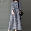 Womens Casual V-neck Long Sleeve Loose Plaid Long Dress