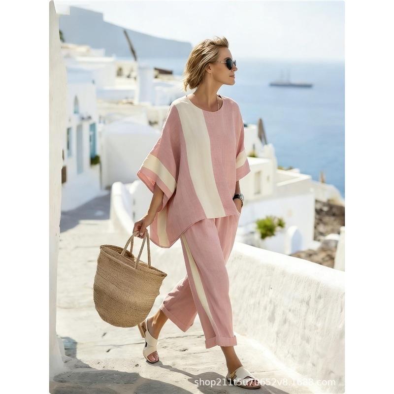 1116 New Bohemian Crew Neck 1D Full Printing Two-piece Set Women's Loose Casual Seaside Holiday Set