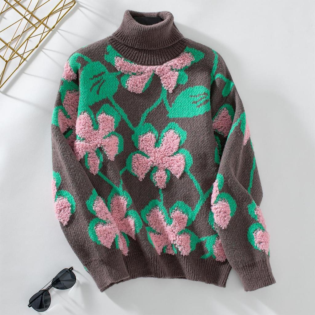 Autumn Winter Vintage Loose Long Sleeve Top Print Cardigan Knitwear Stand Collar Sweater
