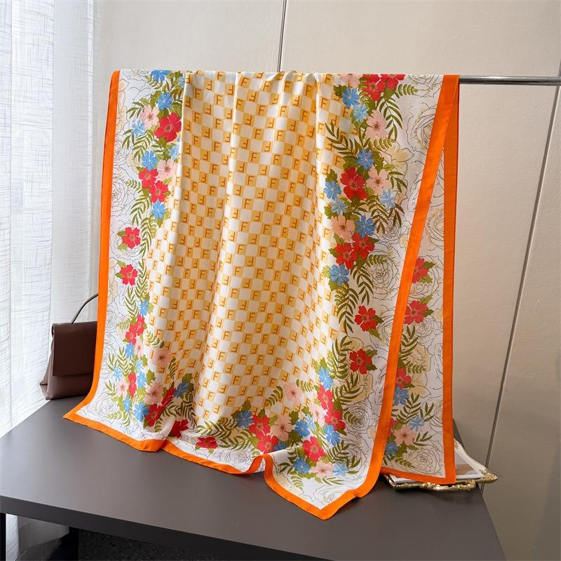 Letter Plaid Simulation Silk Brocade Fashion Sunscreen Spring and Summer Style Silk Scarf Long Scarf Shawl Versatile Headscarf Scarf
