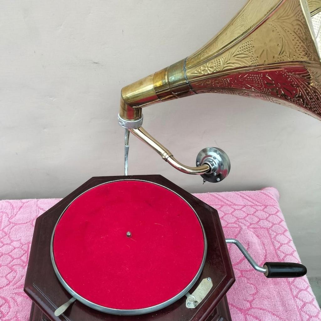 Vintage Charm Embodied: Handmade Embroidered HMV Gramophone Record Player Phonograph