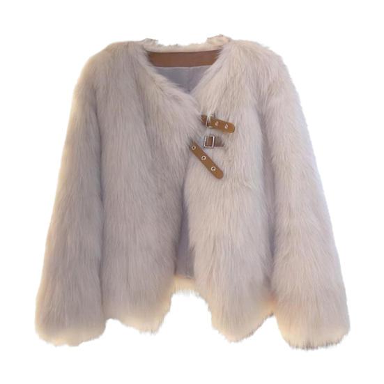 Auutmn Winter Lady Cardigan Coat Furry Plush Buckle And Strap Decor V Neck Long Sleeves Thickened Solid Color Faux Fur Knitted Sweater Jacket