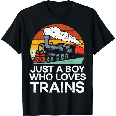 Просто парень, который любит поезда Ретро Локомотив Мужская Детская Молодежная Футболка