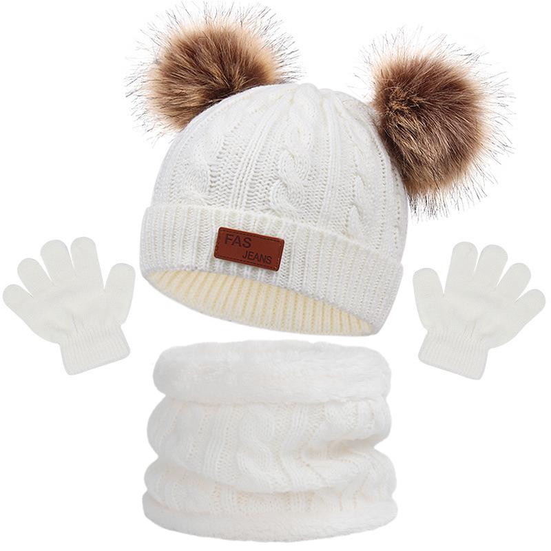 3 шт./компл. детская зимняя шапка-бини, шарф, перчатки, теплый комплект для детей 1-5 лет, для девочек и мальчиков, теплая вязаная шапка с двойными помпонами