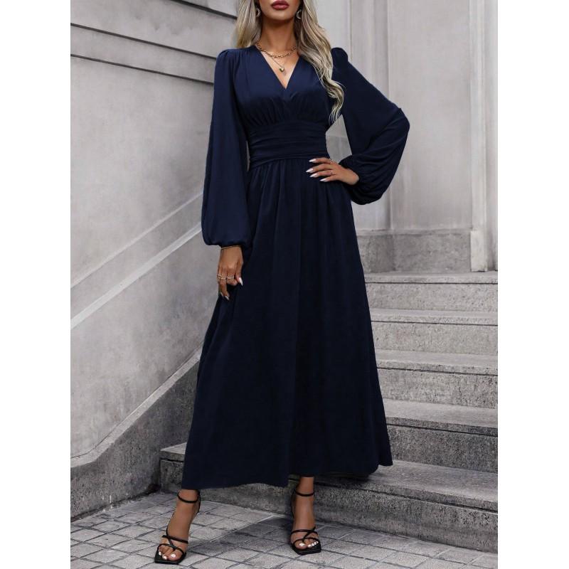 2026 Fall Winter Womens Lantern Sleeve Smocked High Slit Elegant Dress