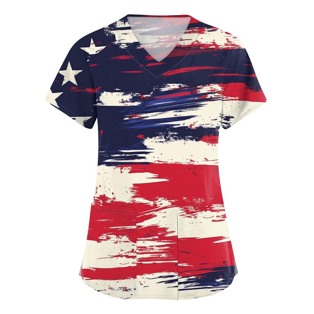 Women's Short Sleeve Independence Day Printed V-Neck Pocket Workwear Top