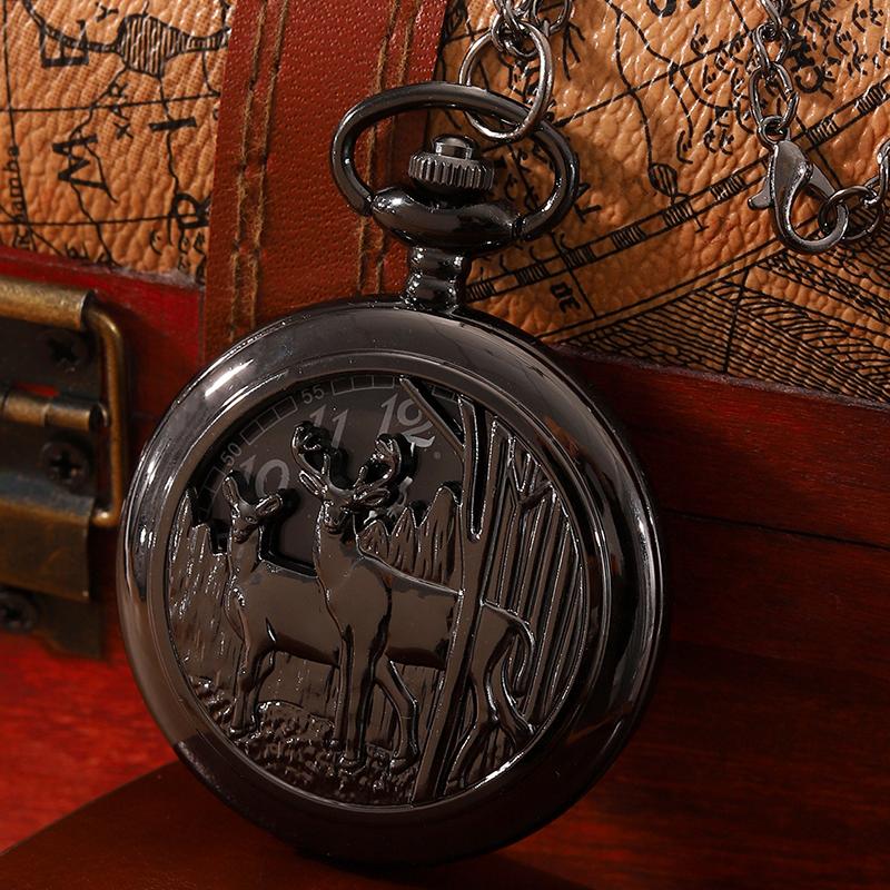 Retro Fashion Men's Black Pocket Watch,Vintage Deep Forest Deer Necklace Pendant Quartz Pocket Watch for Men & Women,Ideal Choice for Gifts