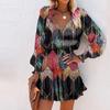 Women's Spring and Summer Long-sleeved V-neck Fashion Printing Waist Dresses