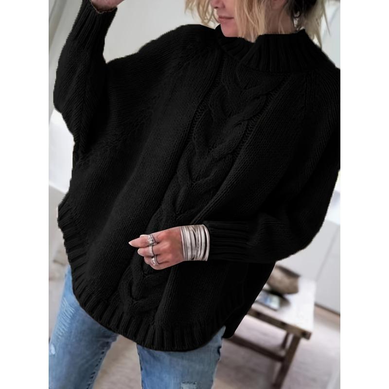 Женский винтажный черный свитер с косами, высоким воротом, свободного кроя, повседневный пуловер, винтажный свитер | Узор косы, платье-свитер