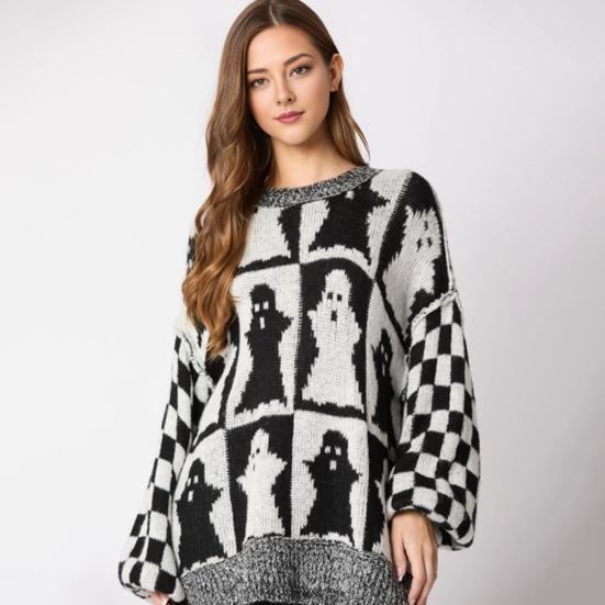 Женский свитер с круглым вырезом и длинным рукавом, эластичный трикотажный топ, свободный крой, узор в клетку, пуловер, топы, трикотаж