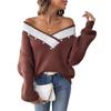 Pearl bead top European and American women's clothing contrasting color splicing large V-neck loose woven sweater pullover sweater