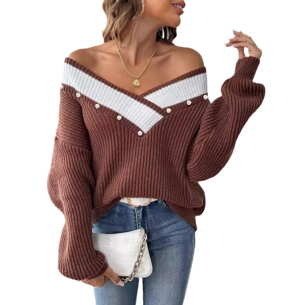Pearl bead top European and American women's clothing contrasting color splicing large V-neck loose woven sweater pullover sweater