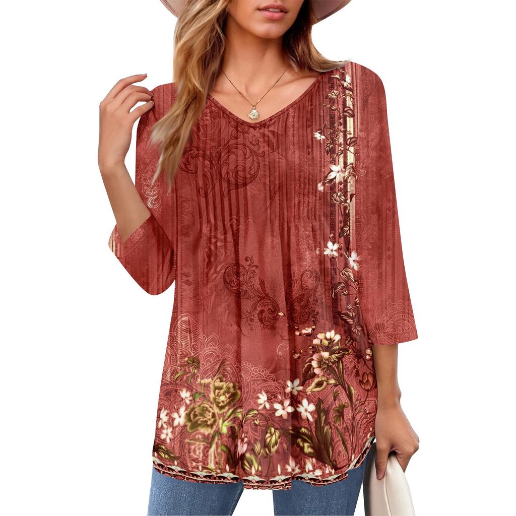 Женские топы с V-образным вырезом и рукавом три четверти в полоску, плиссированные, повседневные, летние, модные, рубашки