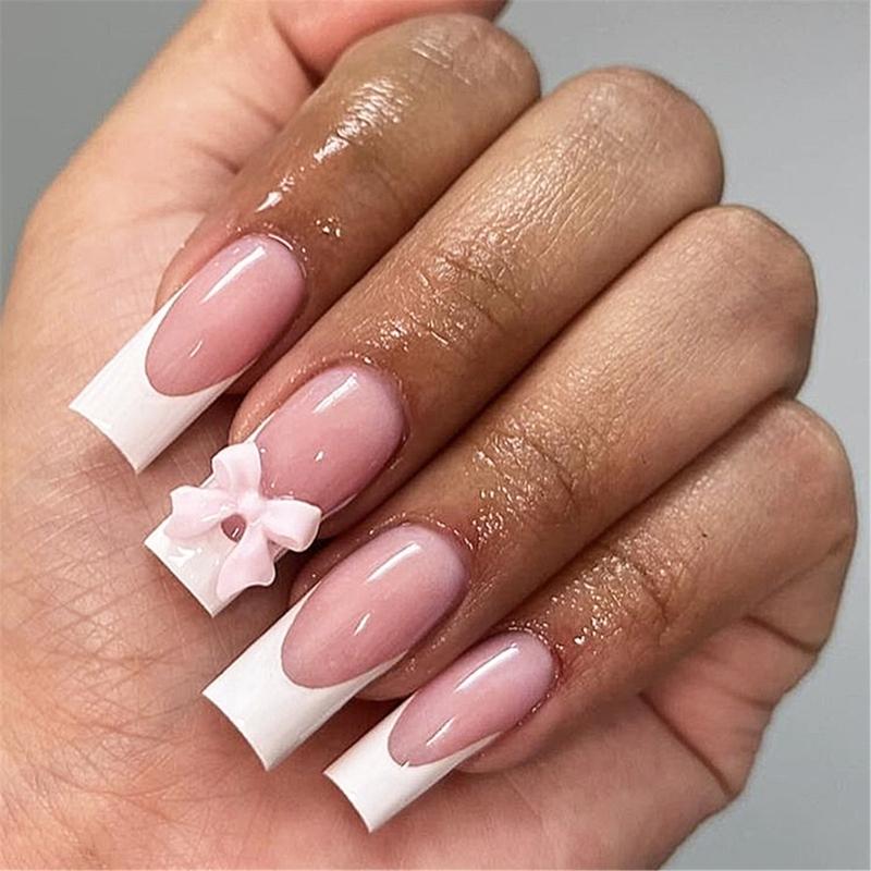 24 Pcs French Tip Press On Nails Medium Long Coffin False Nails 3D Bowknot Stick on Nails Manicures Supplies for Wome