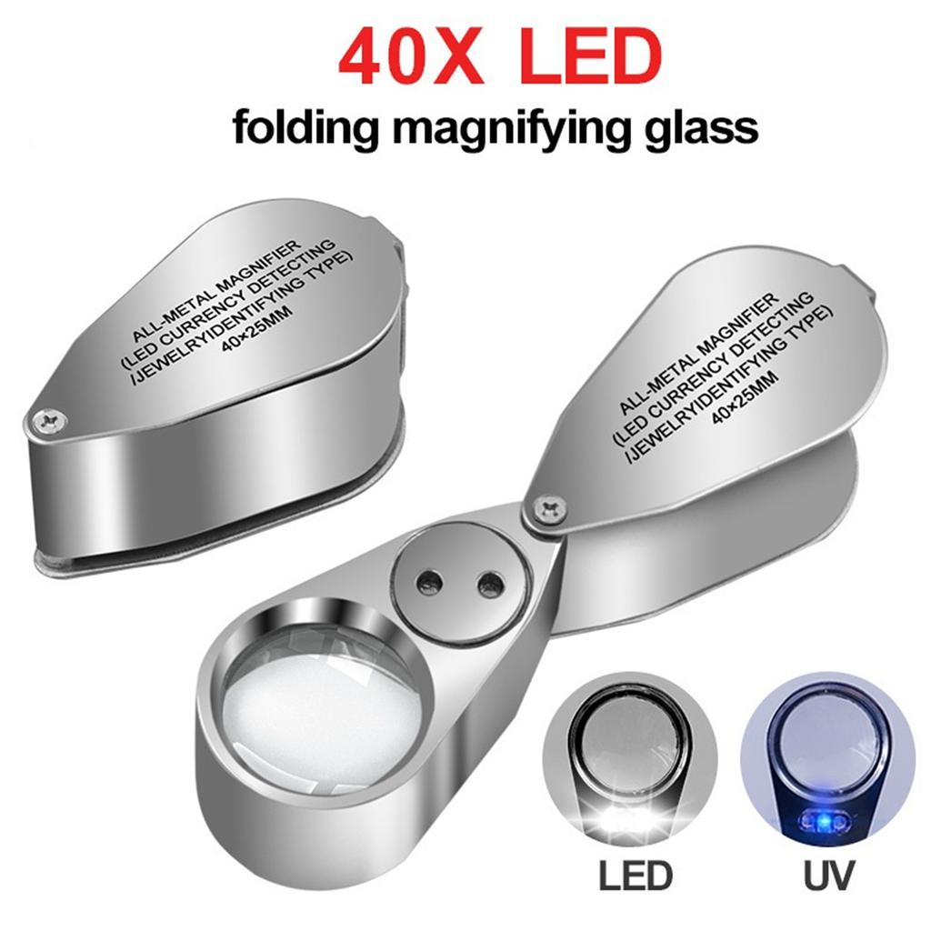 40x 25mm LED Luminous Foldable Magnifier Portable Handheld Metal Jewelry Magnifying Glass With Led Uv Lamp