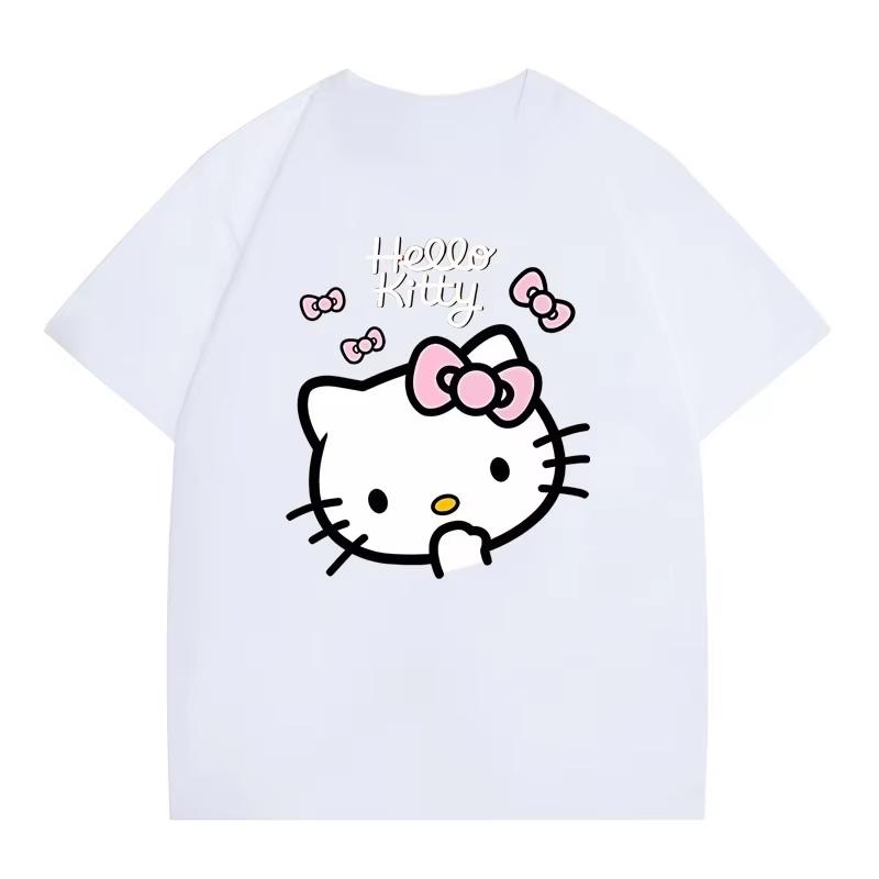 Летняя футболка с мультяшным принтом HelloKitty 2026 года, повседневная хлопковая футболка с коротким рукавом для взрослых и детей, милый кавайный стиль streetwear