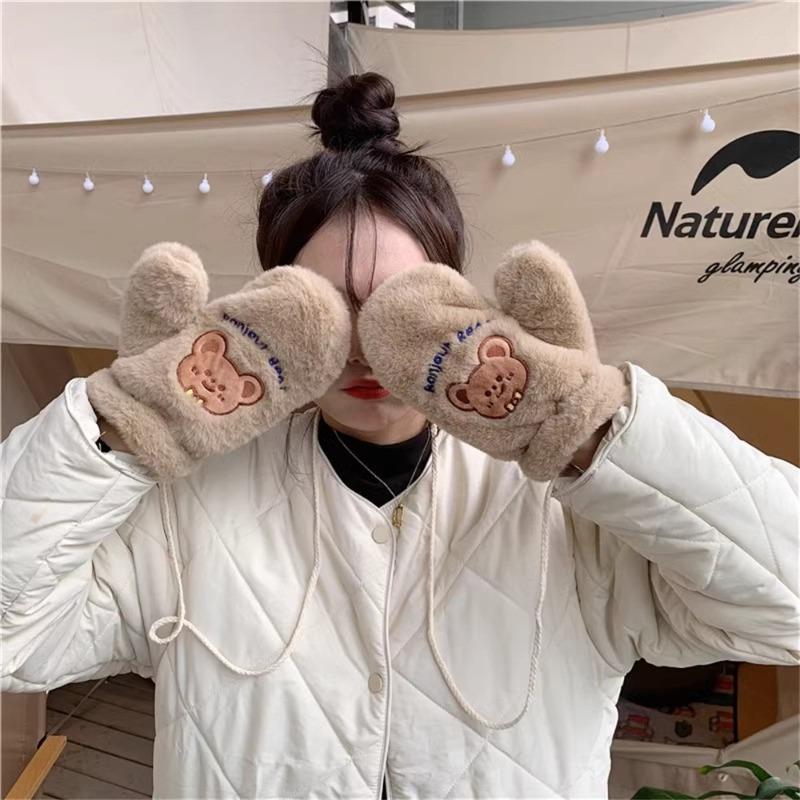 111 милые плюшевые мультяшные перчатки-варежки с мишкой, теплые, для велоспорта, зимние, утолщенные, подарок на день рождения, практичные, для девочки