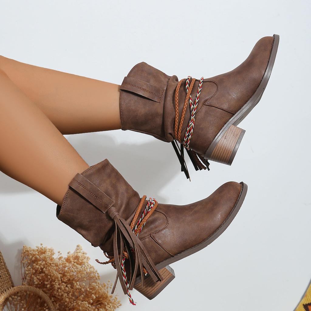 2024 Ботинки женские ретро кисточки осень-зима мода круглый носок джинсовые ботильоны женские танкетка платформа вестерн сапоги до середины голени