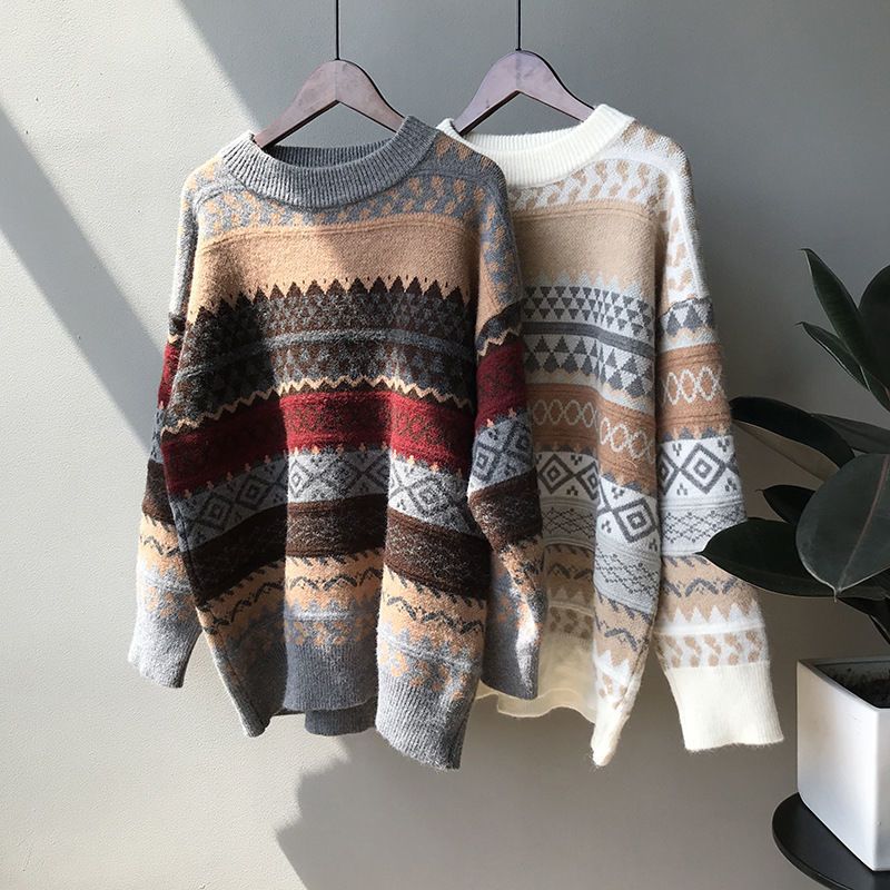 Retro Plus Size Sweater for WomenAutumn and Winter Loose Round Neck Outer Knitted Sweater