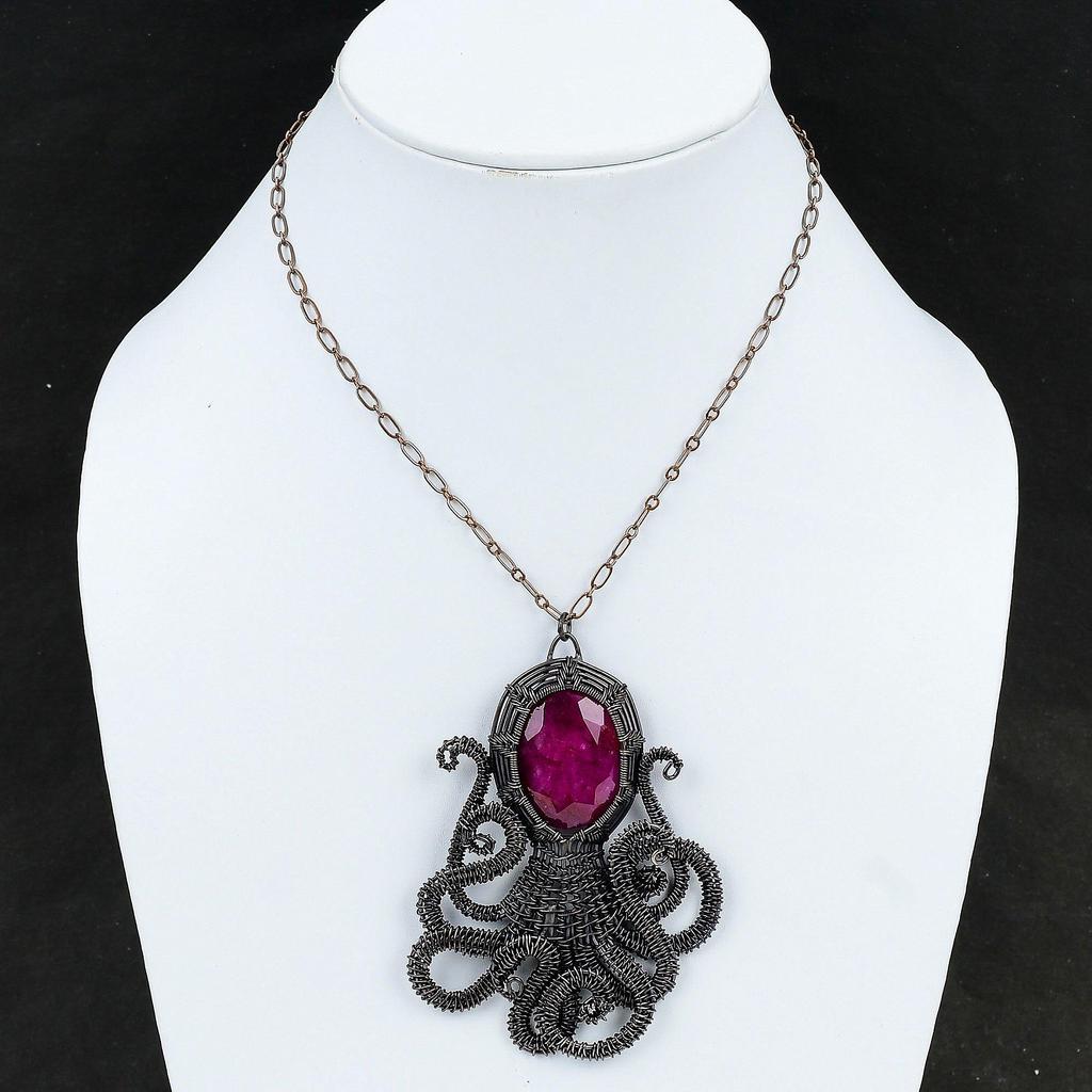 Кулон с ограненным кашмирским рубином, обернутый медной проволокой, кулон ручной работы из медной проволоки, обернутый драгоценным камнем, кулон в виде осьминога, подарок для мамы