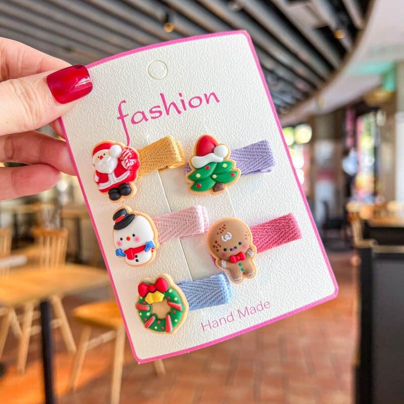 5pcs Children Christmas Hairpin Cute Snowman Christmas Tree Fabric Hair Clips Headwear Kids Hair Accessories Girls Gifts
