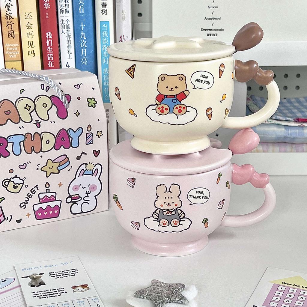Birthday Gift for Girlfriends Cute Bear and Rabbit Ceramic Mug with Lid Girlfriend Practical Souvenir Gift Box