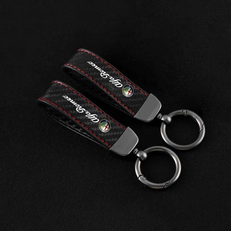 Car Stickers For Alfa Romeo Carbon fiber Car Key Chain Leather Keychain Ring For Alfa Romeo Giulia Stelvio Giulietta 156 159 147