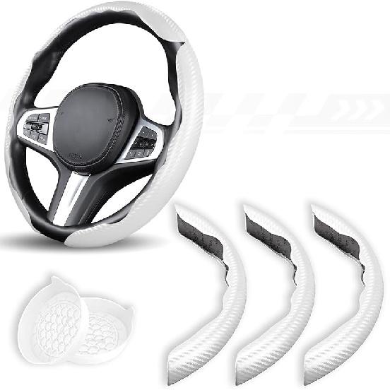 3 Piece Carbon Fiber Steering Wheel Cover,Car Steering Wheel Protector With Non-Slip Lining,Breathable Microfiber Universal For 14.5-15 Inch,Black