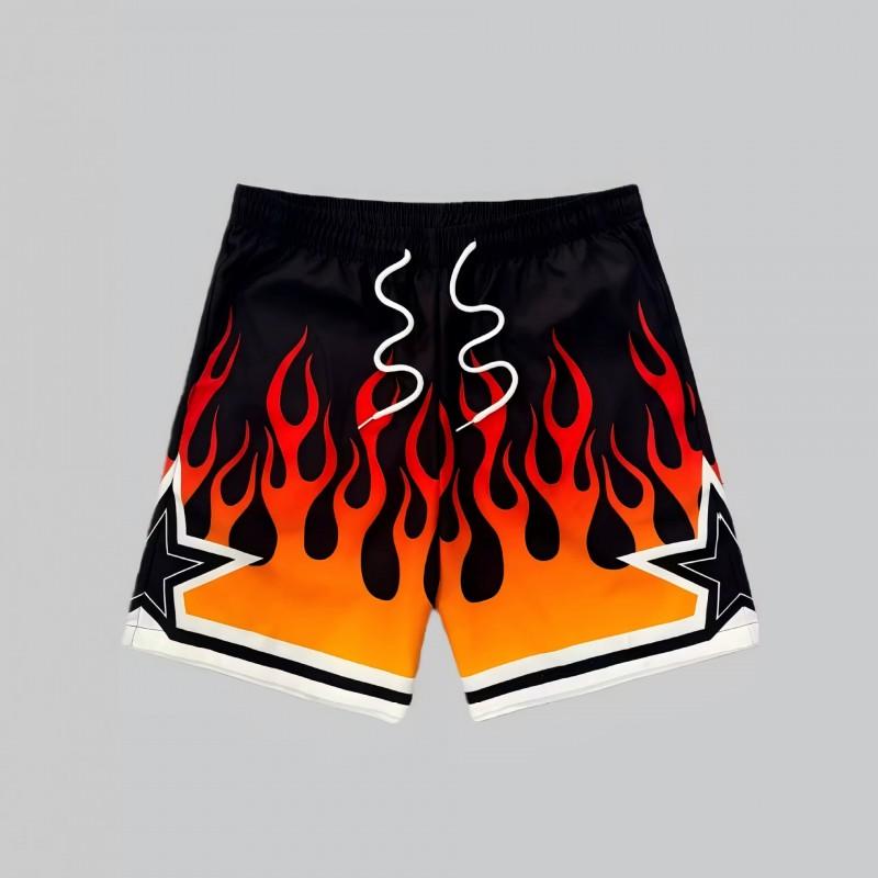 Mens Flame Print Shorts Loose Straight Fit Quick Dry Casual Streetwear