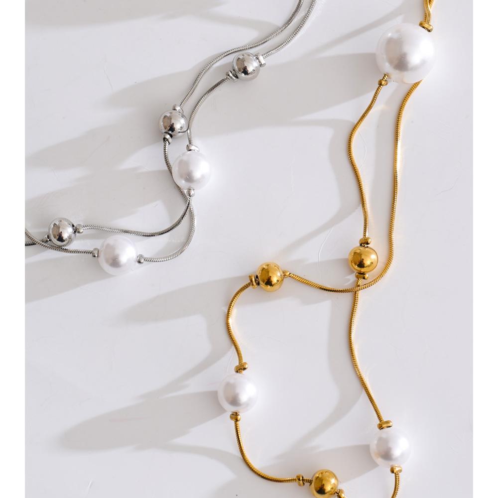 Yhpup 92+5cm Double-Layer Chain Overlay Necklace Stainless Steel 4-Season Jewelry Sweater Chain Accessories Simulated Pearls